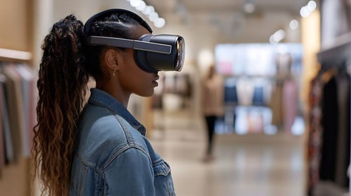 Une femme utilise la réalité virtuelle dans le commerce de détail, présentant une technologie immersive dans le cadre de l'avenir des tendances du commerce électronique.