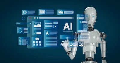 Robot humanoïde naviguant dans une interface numérique pour démontrer des outils de formation à l'alphabétisation en IA et la génération de contenu.