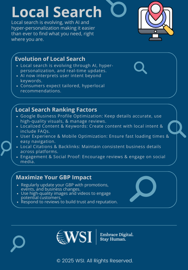 Infographie mettant en évidence les stratégies d'optimisation de la recherche locale, y compris les mises à jour GBP, les mots clés et l'expérience mobile.