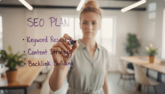 Femme rédigeant un plan SEO sur un tableau en verre, avec la recherche de mots-clés, la stratégie de contenu et la création de backlinks.